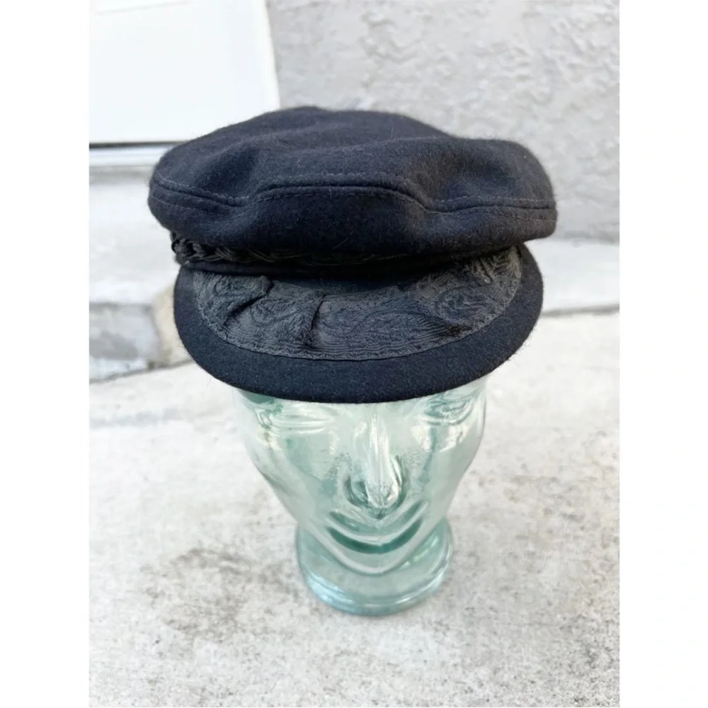 Vintage Greek Fisherman Newsboy Sailor Cap Hat Wool Embroidered Black Size L - Picture 3 of 16